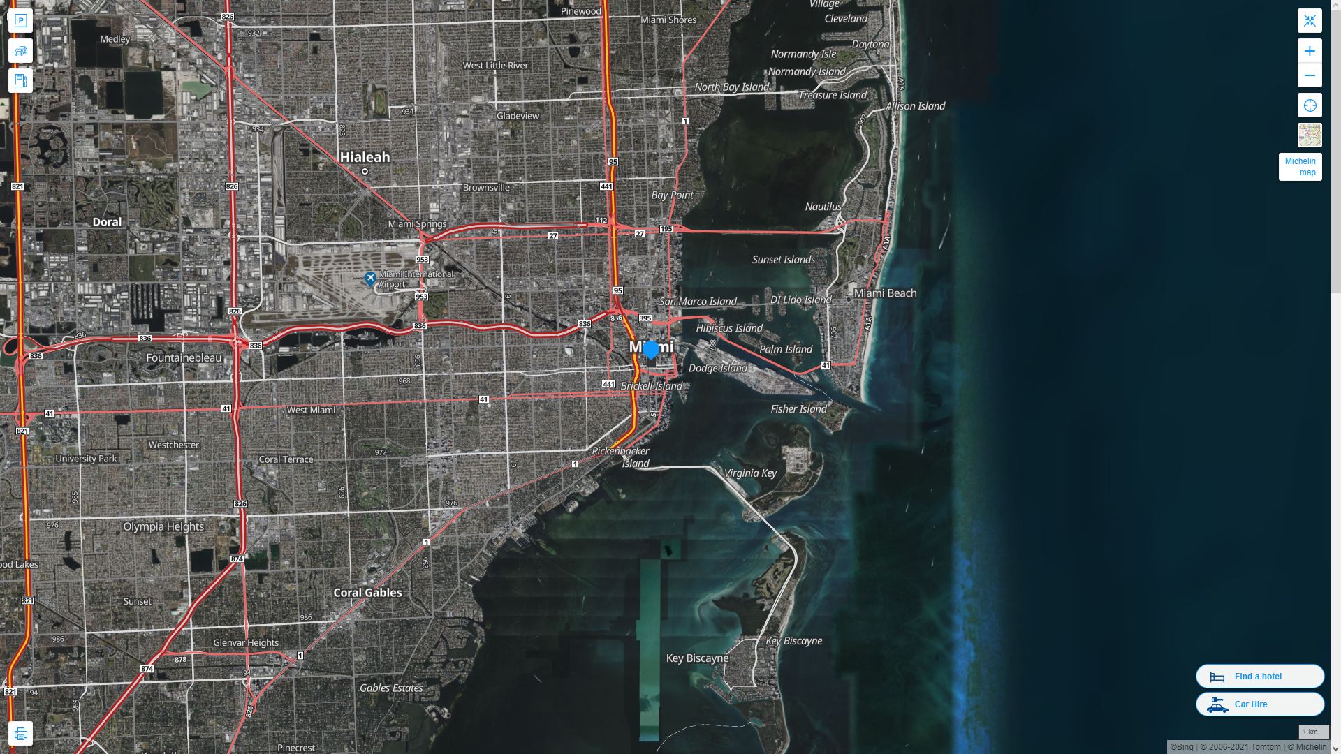 Miami Florida Highway and Road Map with Satellite View